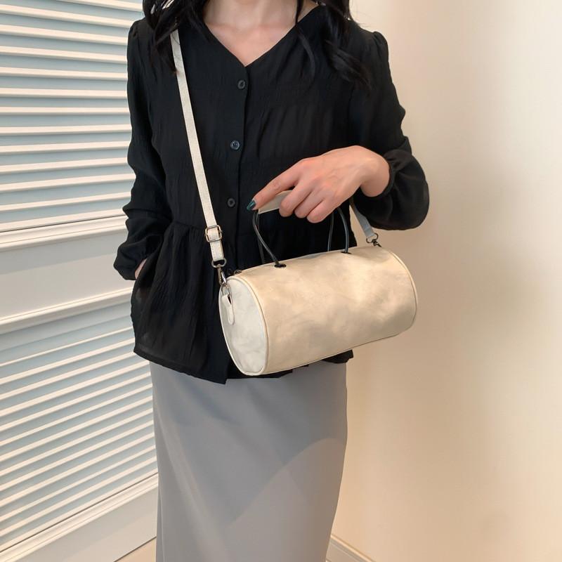 Stylish Fashionable 2024 Womens Solid Color Pu Leather Handbag Trendy Street Style Cylinder Bag