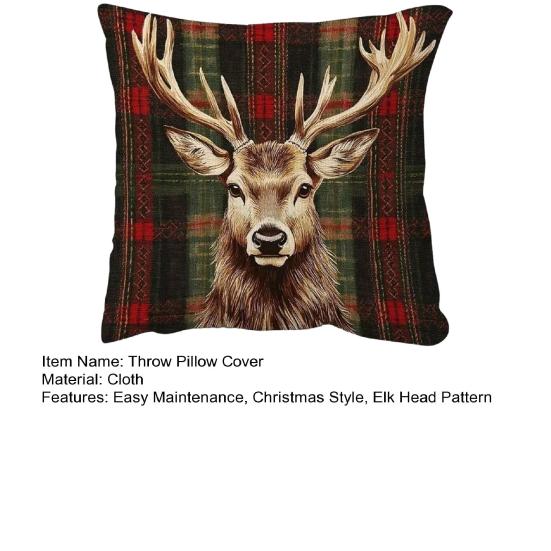 Weihnachts Elch Kissenbezug Rot Grün Kariert Elchkopf Wurfkissenbezug 18 Zoll x 18 Zoll Winterlicher Festlicher Kissenbezug zur Dekoration von Zuhause, Couch, Sofa, Bett