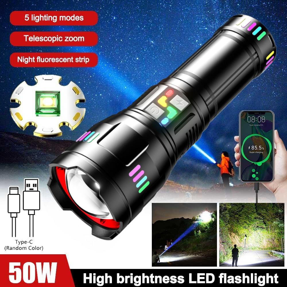 High Power LED Flashlight Zoomable Type-C Rechargeable Torch Lamp Long Range Ultra Powerful Flashlight Camping Lantern