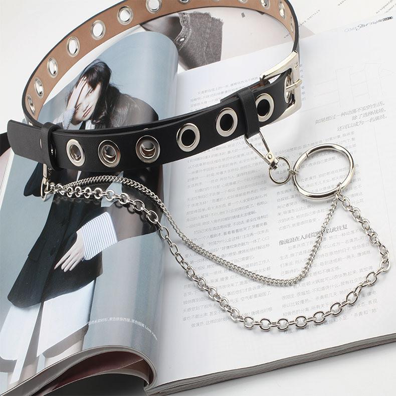 Punk Style Chain Leather Belt With Metal Buckle For Casual Men Women Fashion Accessory