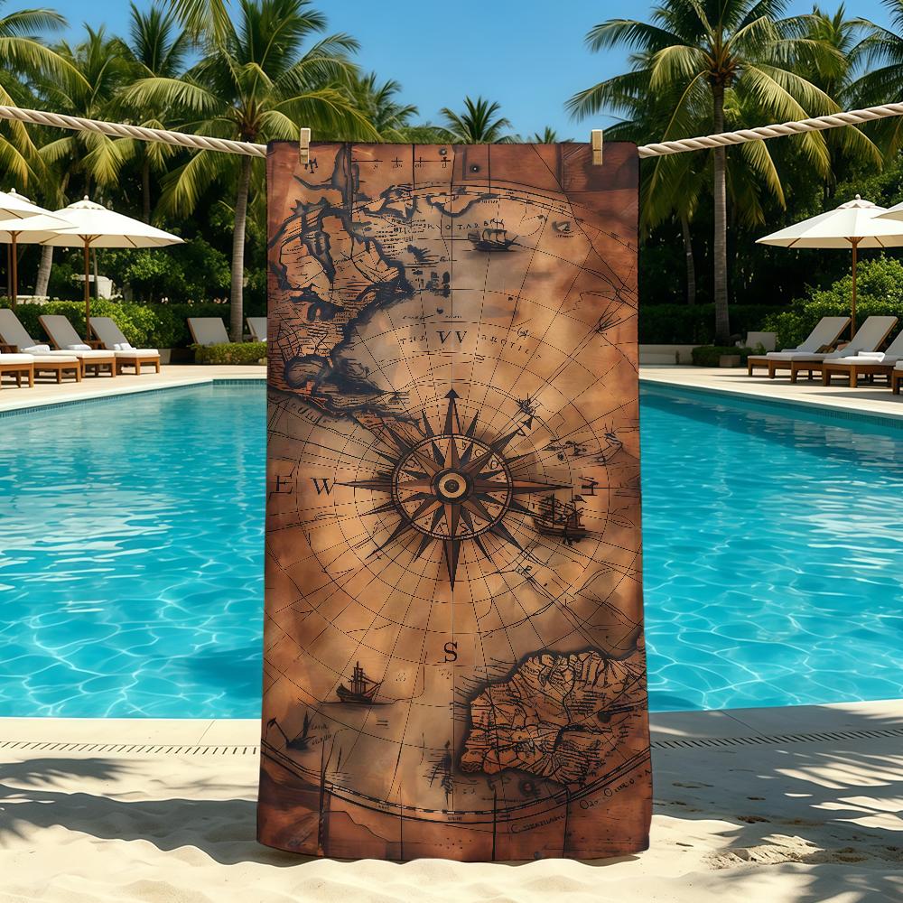 Towel For Outdoor Camping Beach Retro Towel World Map Super and Absorbent Quick-Drying Compass Summer Towel