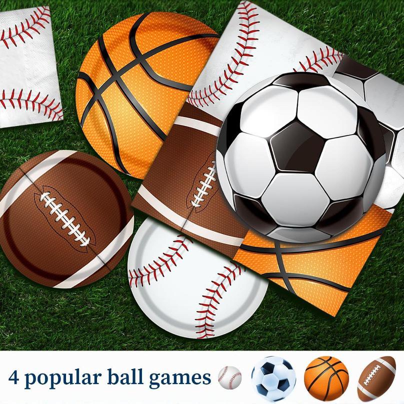 In-Stock Mixed Sports Party Decorations: Football, Basketball, Rugby Paper Plates & Tablecloths