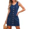 Fashion New Casual Solid Color Sleeveless Waist Denim Breasted with Pocket Short Dress
