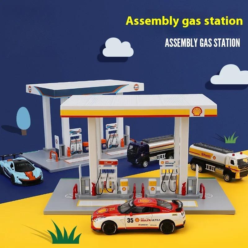 1/43 1/64 Bay Gas Station Assembly Model Children's Toy Scene Alloy Car Set, Suitable for Boys Over 3 Years Old