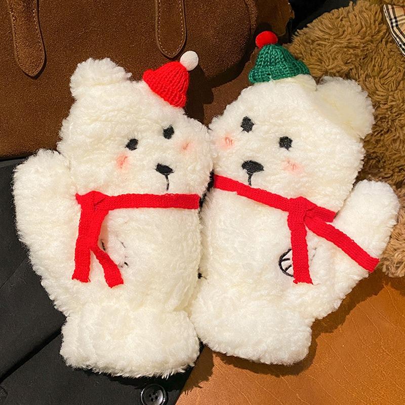 Cute Christmas Hat, Bear Plush Mittens, Women's Autumn and Winter Thickened and Velvet To Keep Warm, Cycling Tide