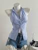 French Waist Pinched Shoulder Striped Sleeveless Shirt Women's Summer Slim Fit Design Sense Niche Short Neck Chiffon Top