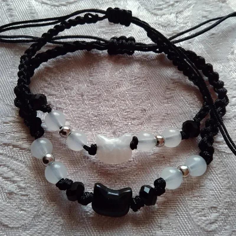 New Wine Red Cat Beaded Couple Bracelets Handmade Adjustable Braided Cord Minimalist Moonstone Obsidian Jewelry for Men Women