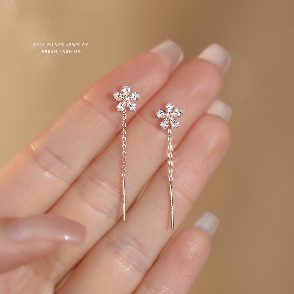 

S999 Sterling Silver Shiny Zircon Flower Ear Line Women s Long Style Fashionable Light Luxury Earrings Simple Temperament Jewelr
