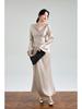 Luxurious Custom French Acetate Asymmetrical Satin Gown with Swing Neck and Flared Long Sleeves