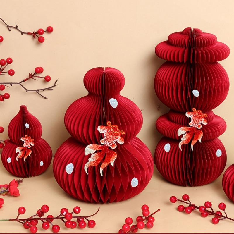 Red Lanterns Chinese New Year Decorations 2026 Folding Honeycomb Ball Paper Lanterns Spring Festival Hanging Pendant
