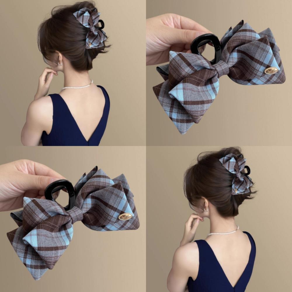 Korean Style College Fashion Plaid Butterfly Knot Hair Clip Stylish Simple Gold Label Shark Hair Clip Back of Head Bun Hair Clip