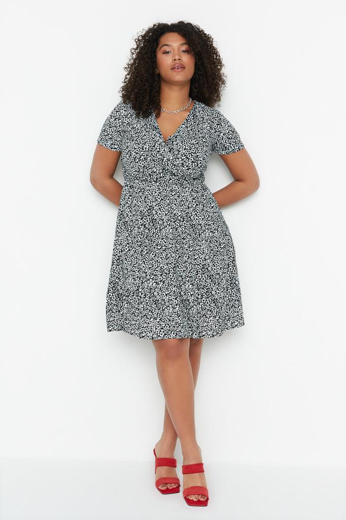 Damenmode Neues Plus-Big-Size-Kleid Grünes Strickkleid mit V-Ausschnitt und Blumenmuster