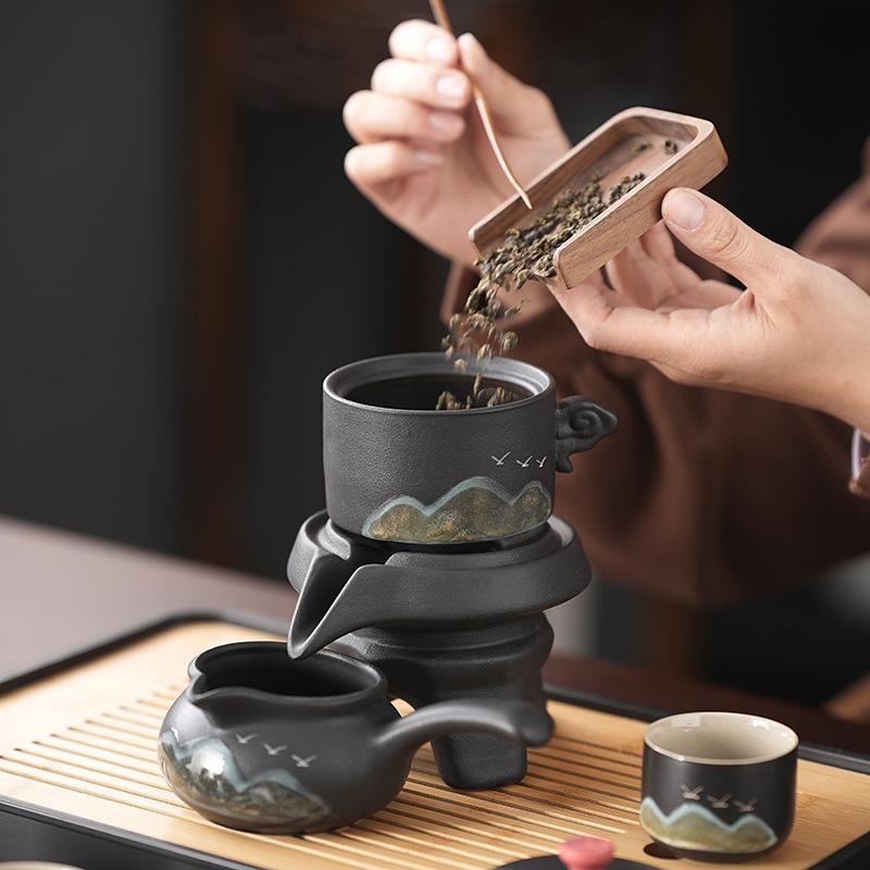 Premium retro coarse pottery semi-automatic tea set Qingshan lazy household teapot light luxury gifts enterprise custom printing