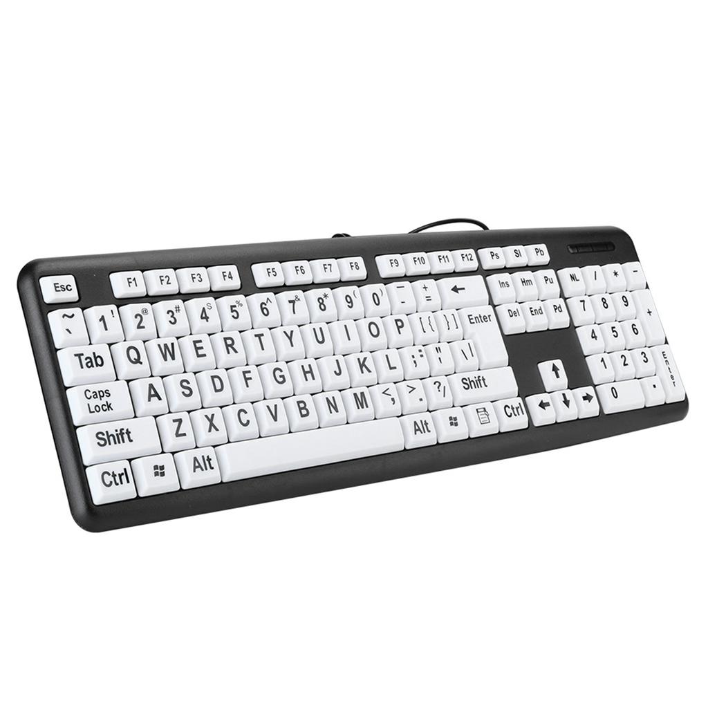 Black Low Vision Keyboard USB Wired Old People Keyboard with White Large Print Keys US Layout QWERTY