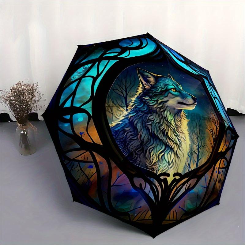 1pc Wolf Stained Automatic Umbrella - 8-Rib Foldable Design, Outdoor Adventures, and Family Celebrations y250829110