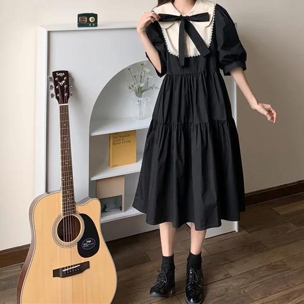 Tatlı Lolita Elbise Kadın Kawaii Zarif Vintage Elbiseler Bahar Tatlı Sevimli Puf Kollu Tiki Tarzı Sundress Moda Elbise