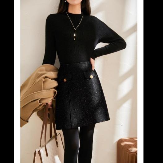 Women Black Wool Glitter Tweed A‑Line Mini Skirt High Waist Short Skirt For Autumn Winter New Arrival
