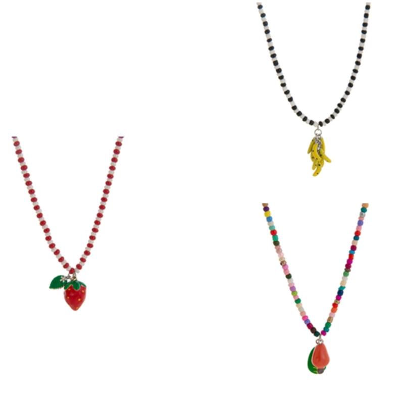Lively Colorful Bead Necklace With Banana Strawberry Orange Fruit Charm Dopamine Inspired For Women Fashion Accessory