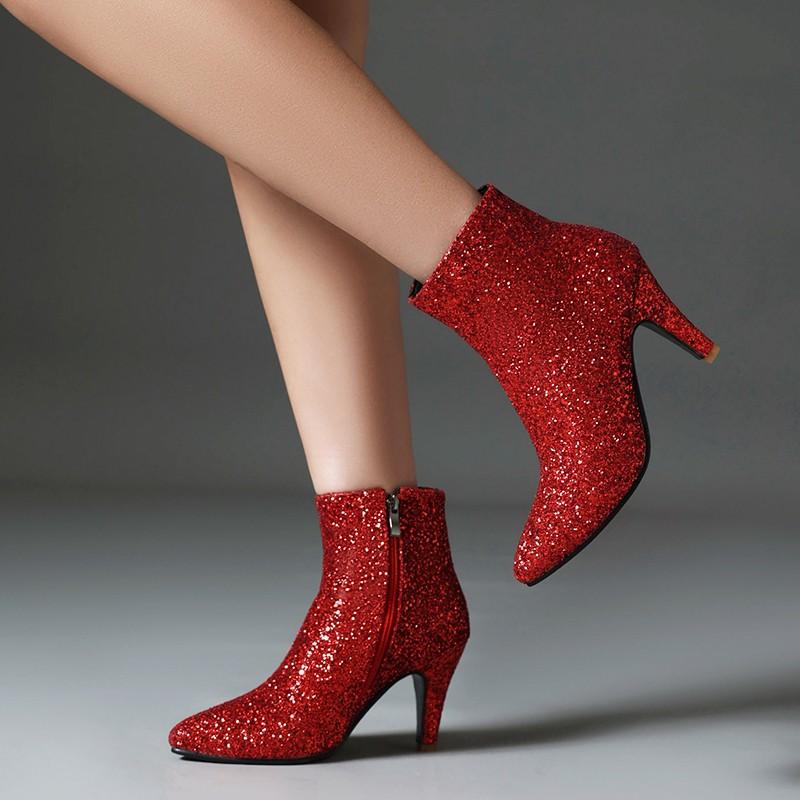 Damer Sølv Blå Glitter Korte Støvletter Pluss Størrelse 45 47 Damer Tykke Høyhælte Runde Tå Bling Bling Paljett Bryllup Gull Ankelstøvletter