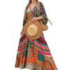 V-Neck Lantern Sleeve Pleated Maxi Dress Retro Ethnic Print Large Hem Beach
