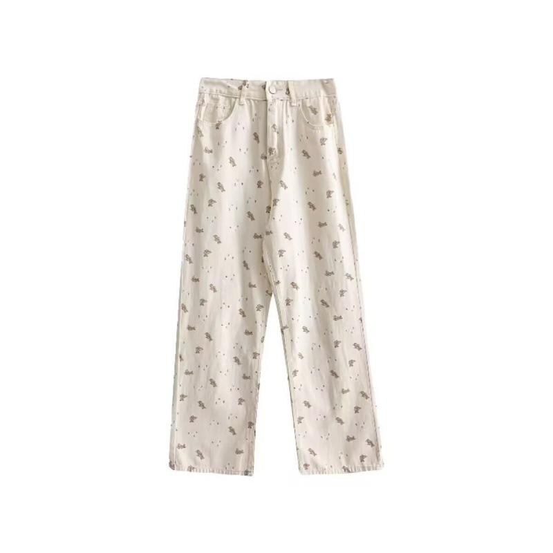 Retro Bear Print Pants Children's Summer New High-waisted Straight Mopping Loose Casual Wide-leg Trousers