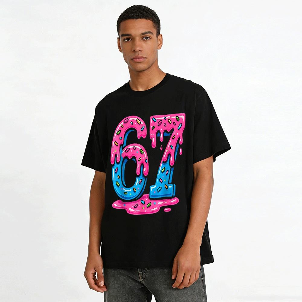 Fun Frosting Number 67 Print Casual Short Sleeve T-Shirt Pure Cotton T-shirt