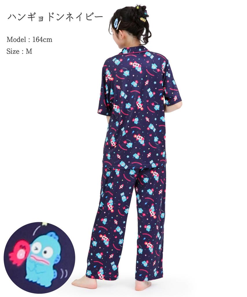 SAZAC Cosmic Hangyodon Shirt Powder Stretch Short Sleeve and Long Pants Loungewear Pajamas, Fabric, Women's Set, (Navy/L/SAN1953)