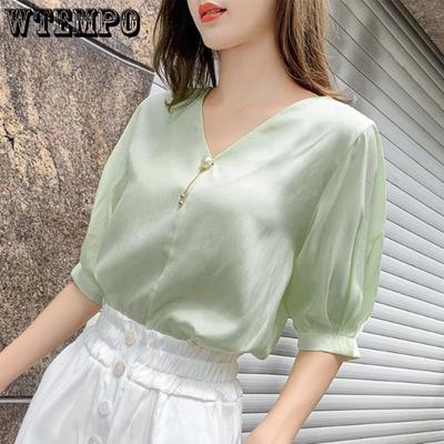 Summer Women's Chiffon Shirt Sweet and Versatile V-neck T-shirt with Pearl Brooch Breathable and Comfortable Short Sleeved Shirt