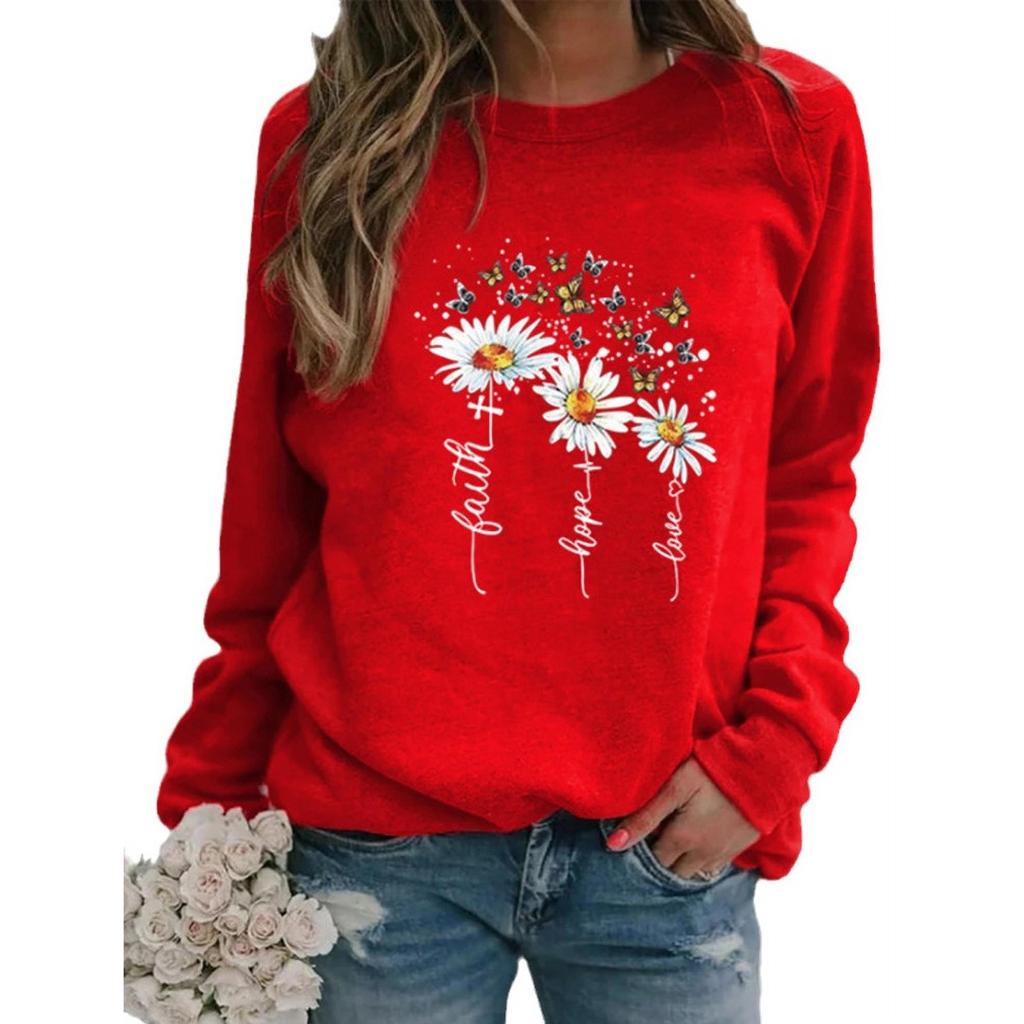 Spring Fall Women Floral Print Long Sleeve Hoodies Casual Female Sweatshirt