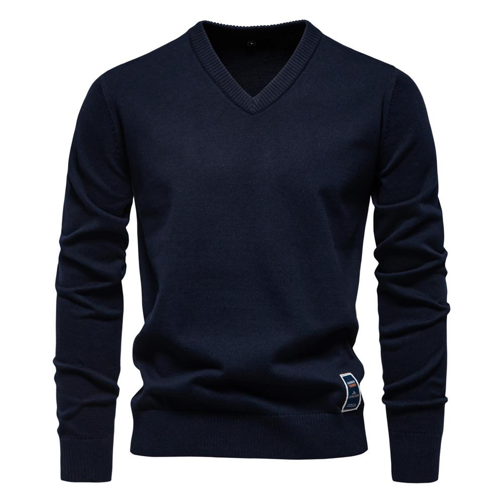 Suéter Masculino de Gola V Pulôver Slim Fit Vestido Casual de Tricô Leve Suéteres Macios Cor Sólida Trabalho Algodão Pulôver Tops para Homem