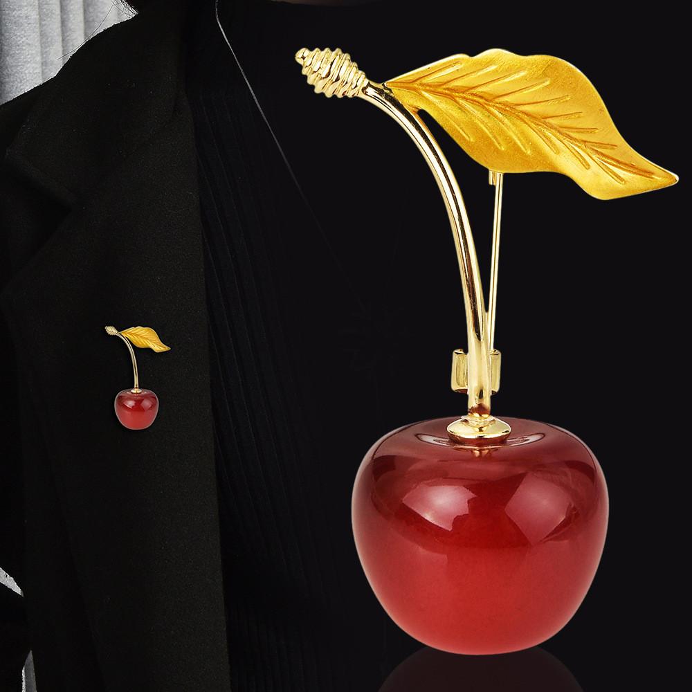 Fruit Cherry Brooch For Women With Artificial Crystal And Goldplated Leaf Design Fashion Accessory