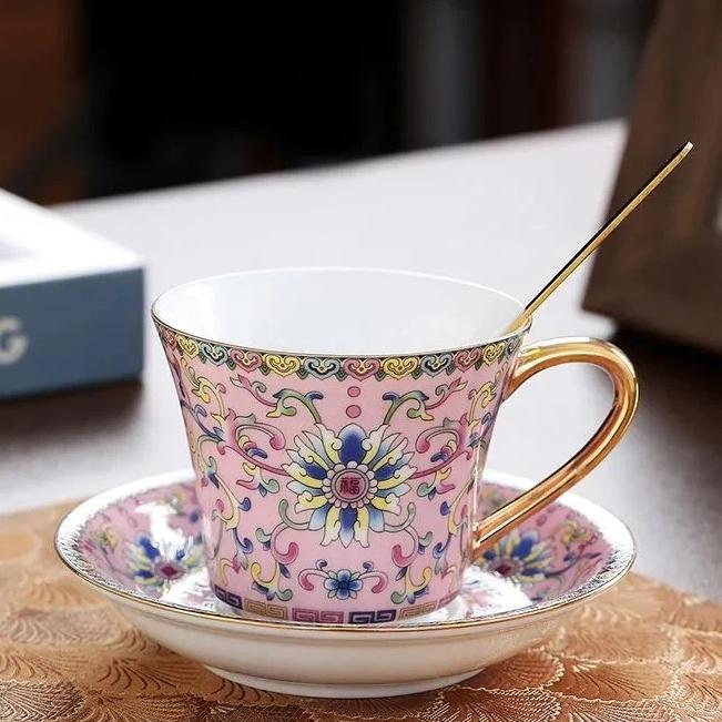 European Enamel Ceramic Coffee Cup & Saucer Set, Elegant Afternoon Tea Cup Set