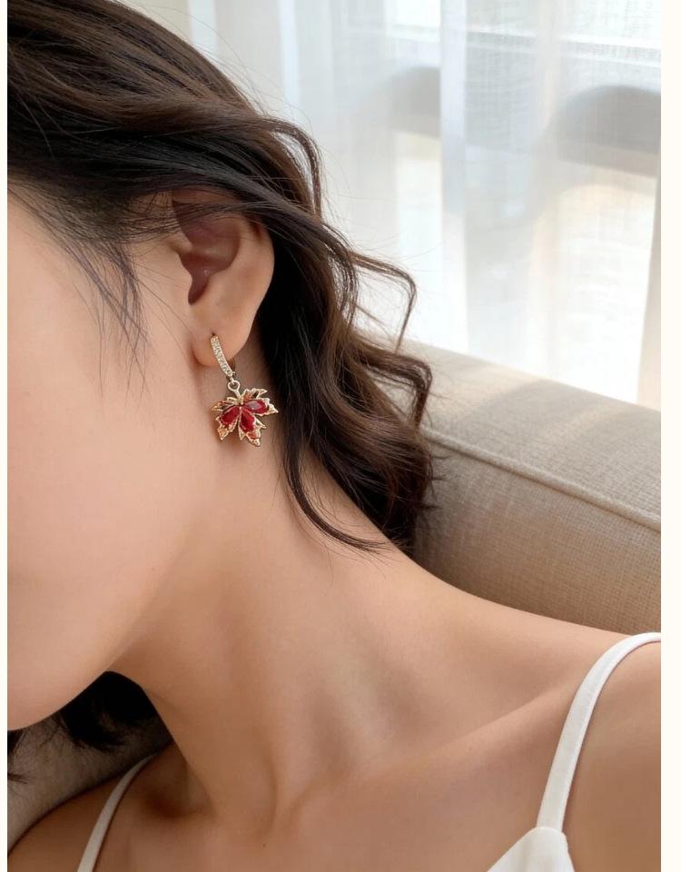 18k Gold Double Maple Leaf Stud & Ear Cuff Earrings for Women
