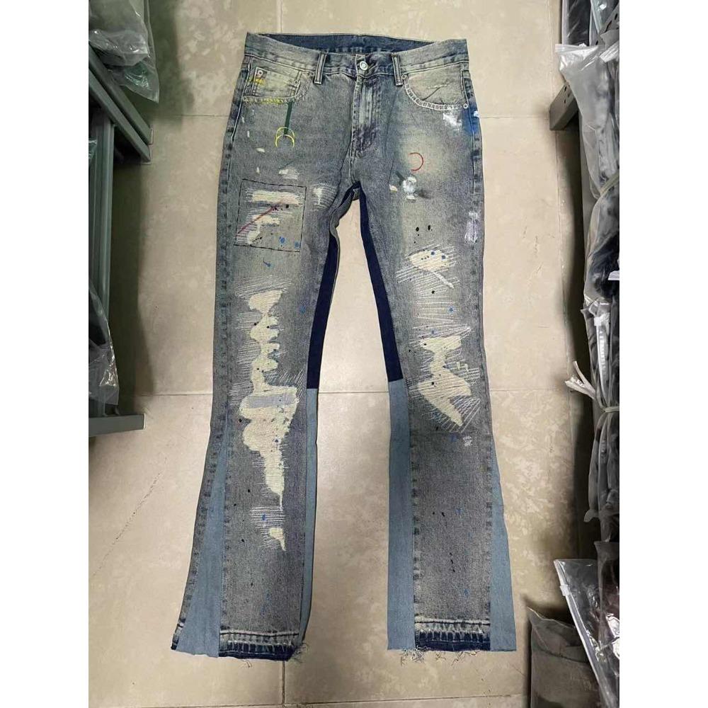 Blue Washed Destroyed Flared Jean Pants Hip Hop Graffiti Ripped Denim Jeans Men Streetwear Vintage Wide Leg Jeans