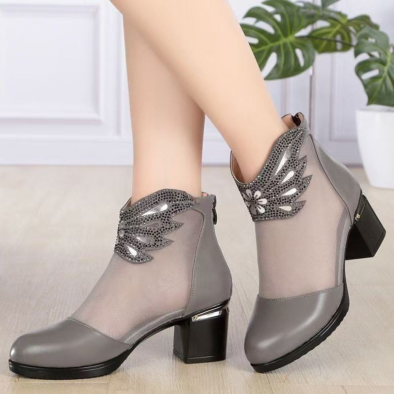 Women's 2025 Summer Heeled Sandal Boots - Mid Block Heel Mesh Ankle Booties Fashion Breathable Mom Shoes
