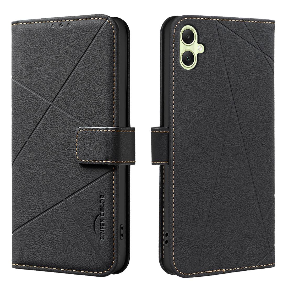 

For Samsung Galaxy A06 5G/Galaxy A06 4G Case BINFEN COLOR BF35 Geometry Imprinted Leather Phone Cover RFID Blocking Wallet Stand Black