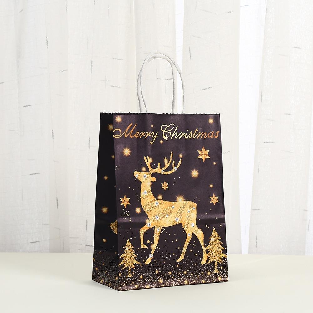 6pcs Bronzing Christmas Kraft Paper Bags Elk Snowflake Gold Black Paper Gift Bags Party Decor Christmas Tree Gift Packaging Bags