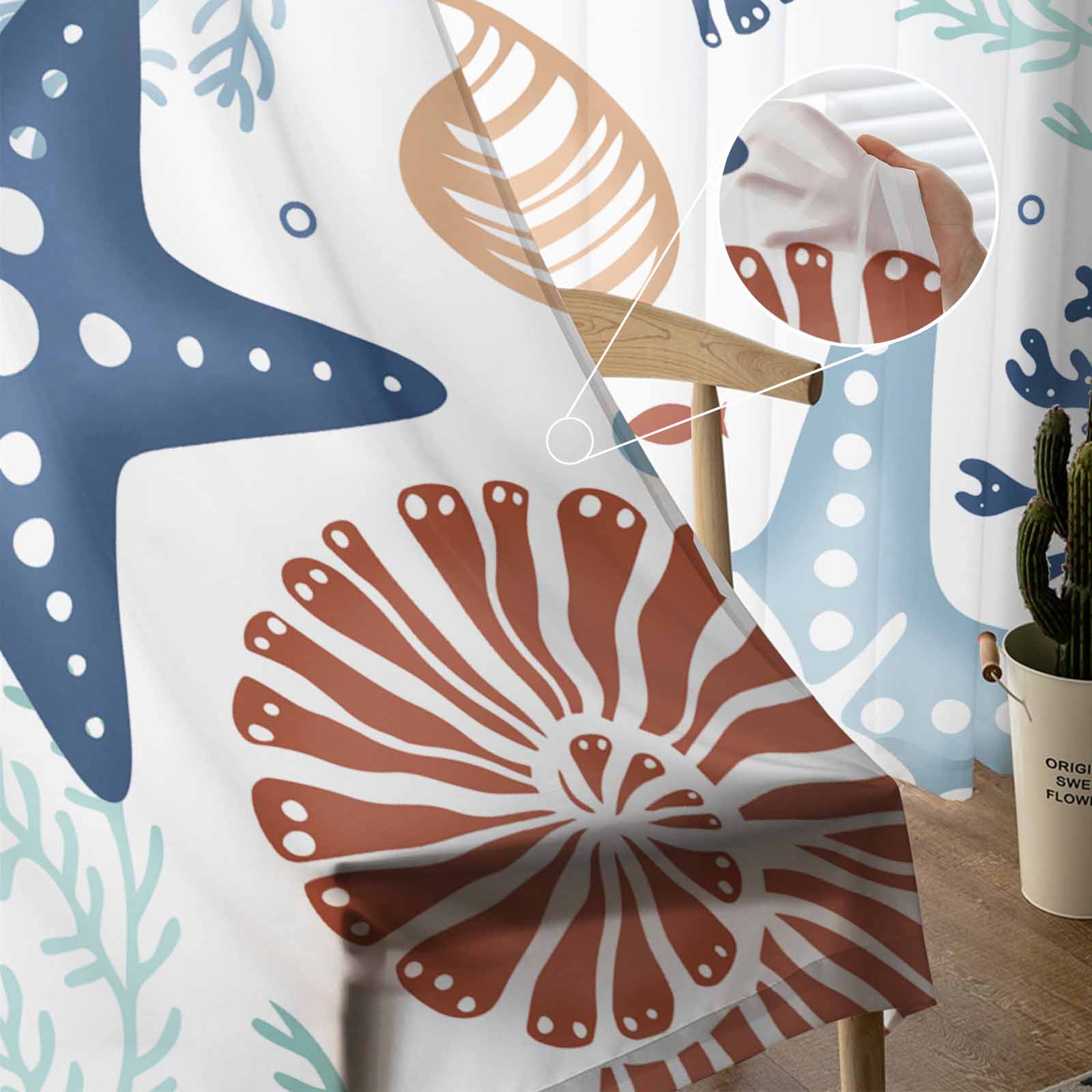 Морские коралловые морские звезды ракушки утки зеленые синие тюль занавески для гостиной — фото 5