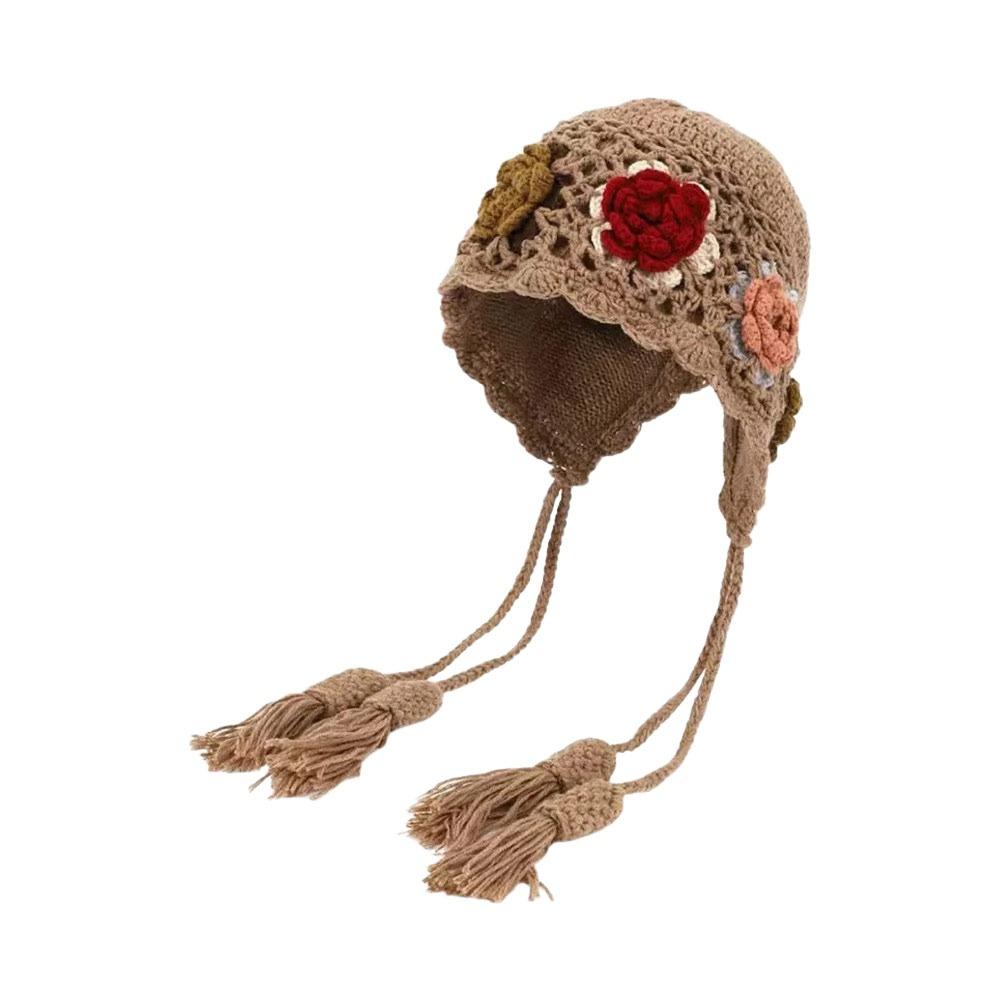 

Sweet Tassels Crochet Knitted Hat Hollow Out Handmade Craft Pullover Hat Bohemian Style Windproof Korean Weave Cap Women хакі