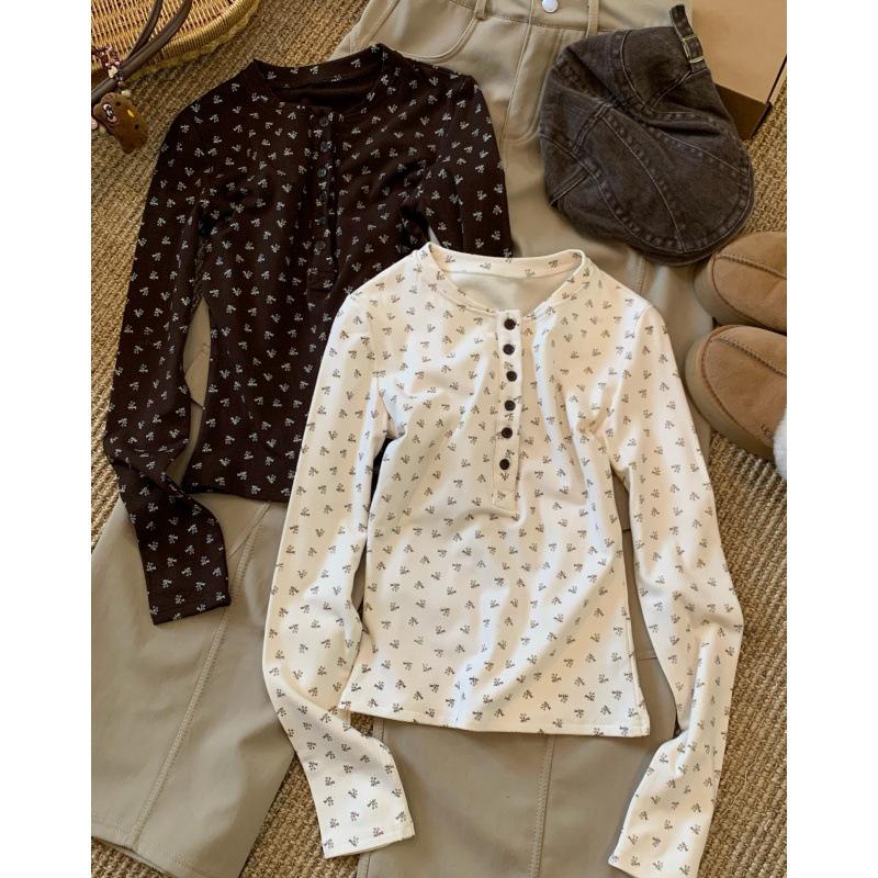 

Женская облегающая футболка с цветочным принтом, воротником-стойкой и пуговицами, длинный рукав, осень/зима, поларфлис, корейский стиль XL