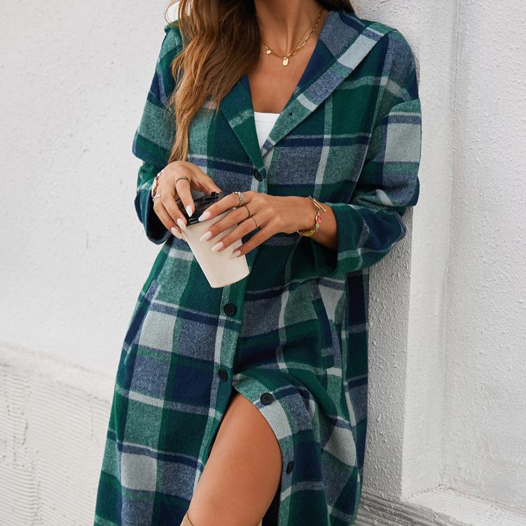 Autumn Winter New Women's Casual Daily Everything Loose V-neck Contrast Color Breasted Medium Long Sleeve Hooded Coat