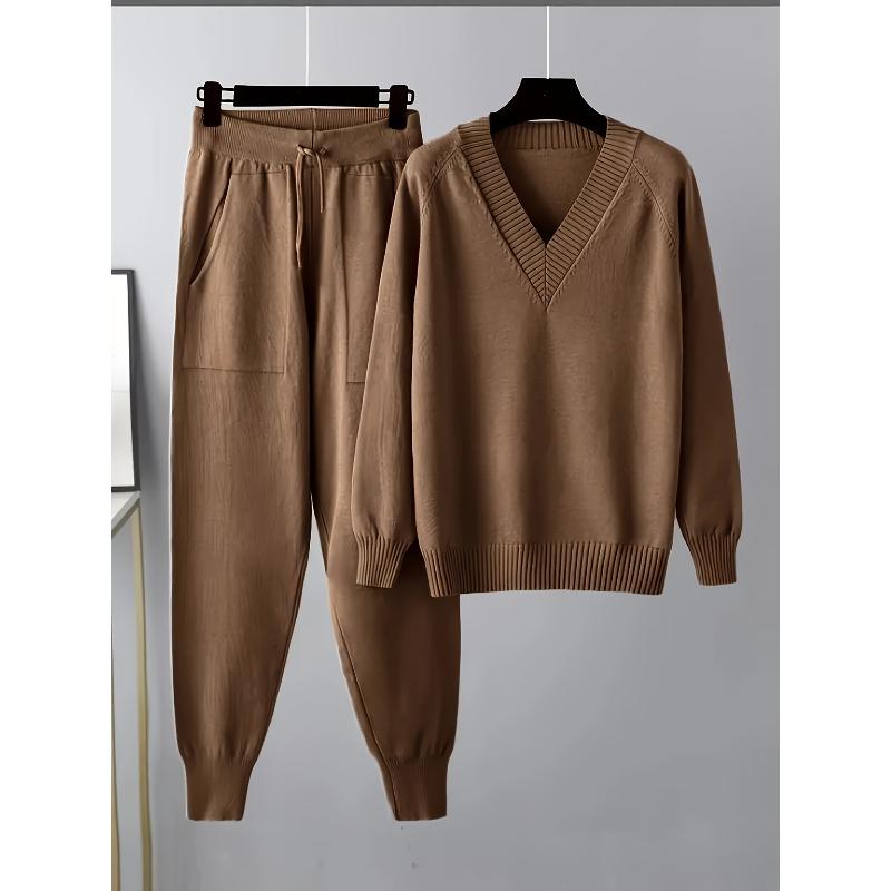 Two Piece Women Knit Sport Suits V Neck Women Sweater Drawstring Harem Pants Jogging Pants Pullover Sweater Set Knitted Outwear