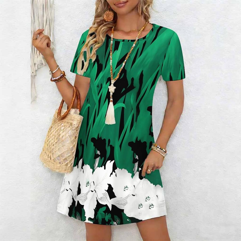Women's Fashion Graceful Beautiful  Flower Print Summer Spring Short Sleeve O-Neck Casual Dresses