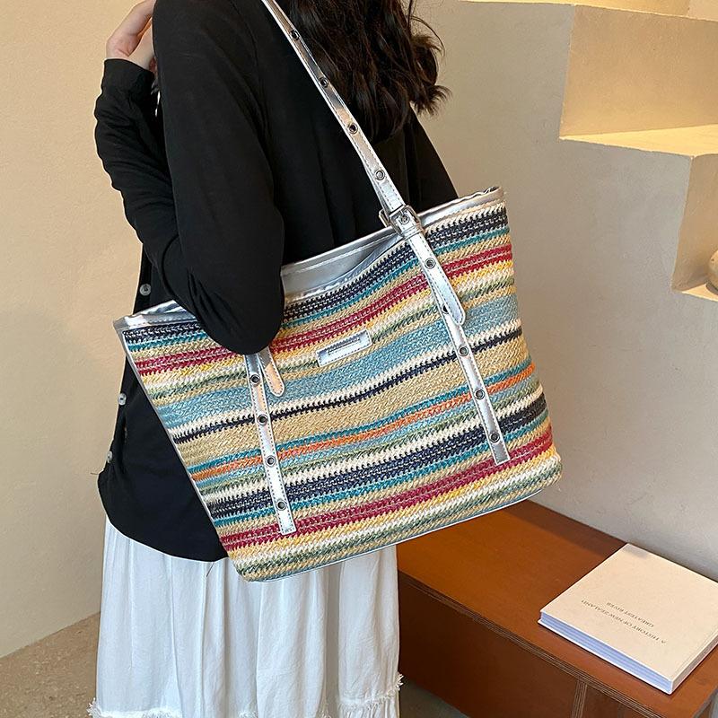 Tasche mit großem Fassungsvermögen Damen-Strandurlaubstasche gestreifte Schultertasche