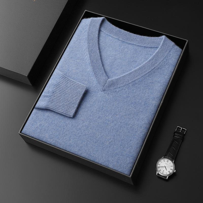 Men's V-Neck Cashmere Sweater, Plus Size, Long Sleeve, Solid Color, Wool Knit, 2023 Autumn/Winter Collection.