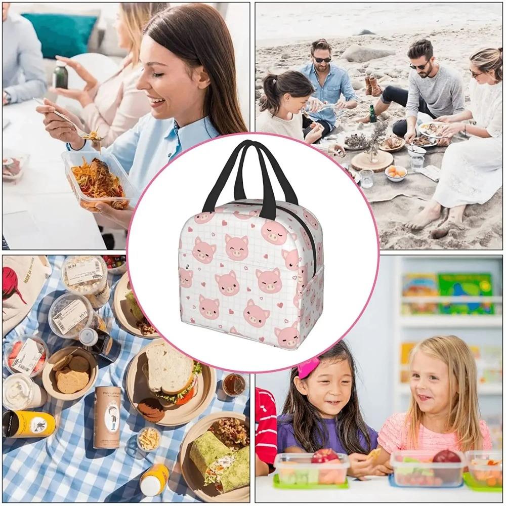 Niedliches Schwein mit Karomuster und Herz Kühl-Lunchbox Tragbare isolierte Canvas-Lunchtasche Thermische Lebensmittel Picknick-Lunchtaschen für Frauen Kinder