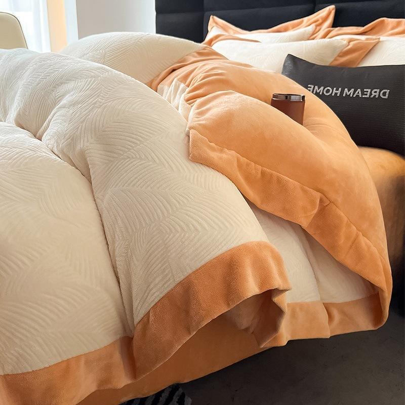 

Winter Carved Baby Fleece Bed Four-Piece Set Thickened Milk Fleece Bed Sheet Quilt Cover Flange Coral Fleece Bedding 1.2m 3pcof sheets - 150x200cm quilt core