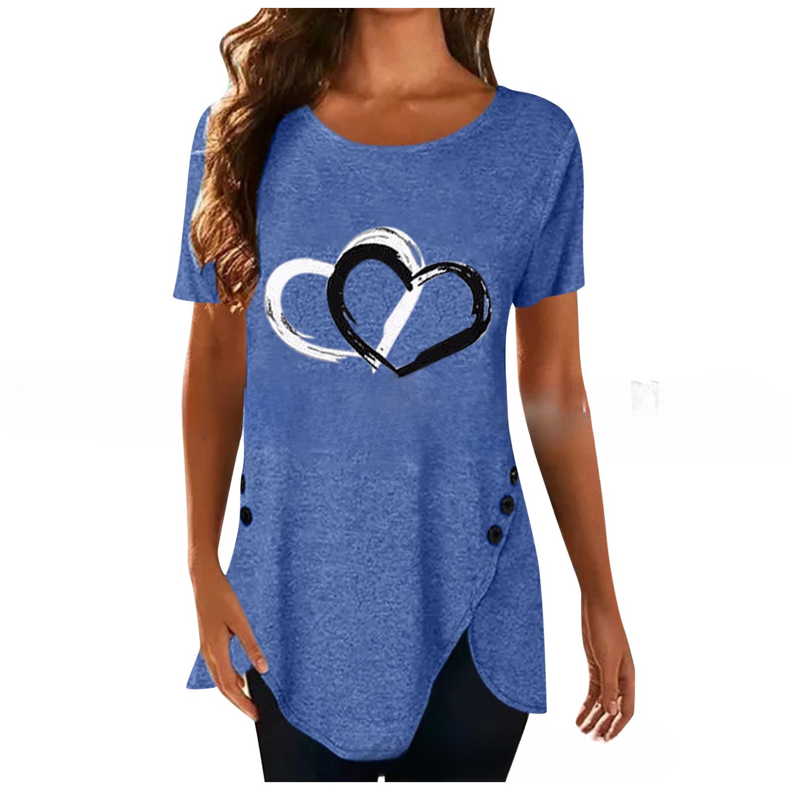 

YYFS Женская мода повседневная летняя весна Love Letter Print с коротким рукавом и круглым вырезом блузки и рубашки XXXL синий