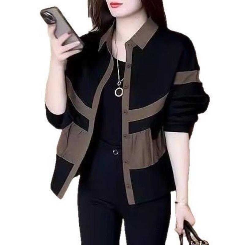 Spring and Autumn Loose Slim Contrasting Women's Thin Jacket Top Polo Collar Splicing Fashionable Age-reducing Jacket