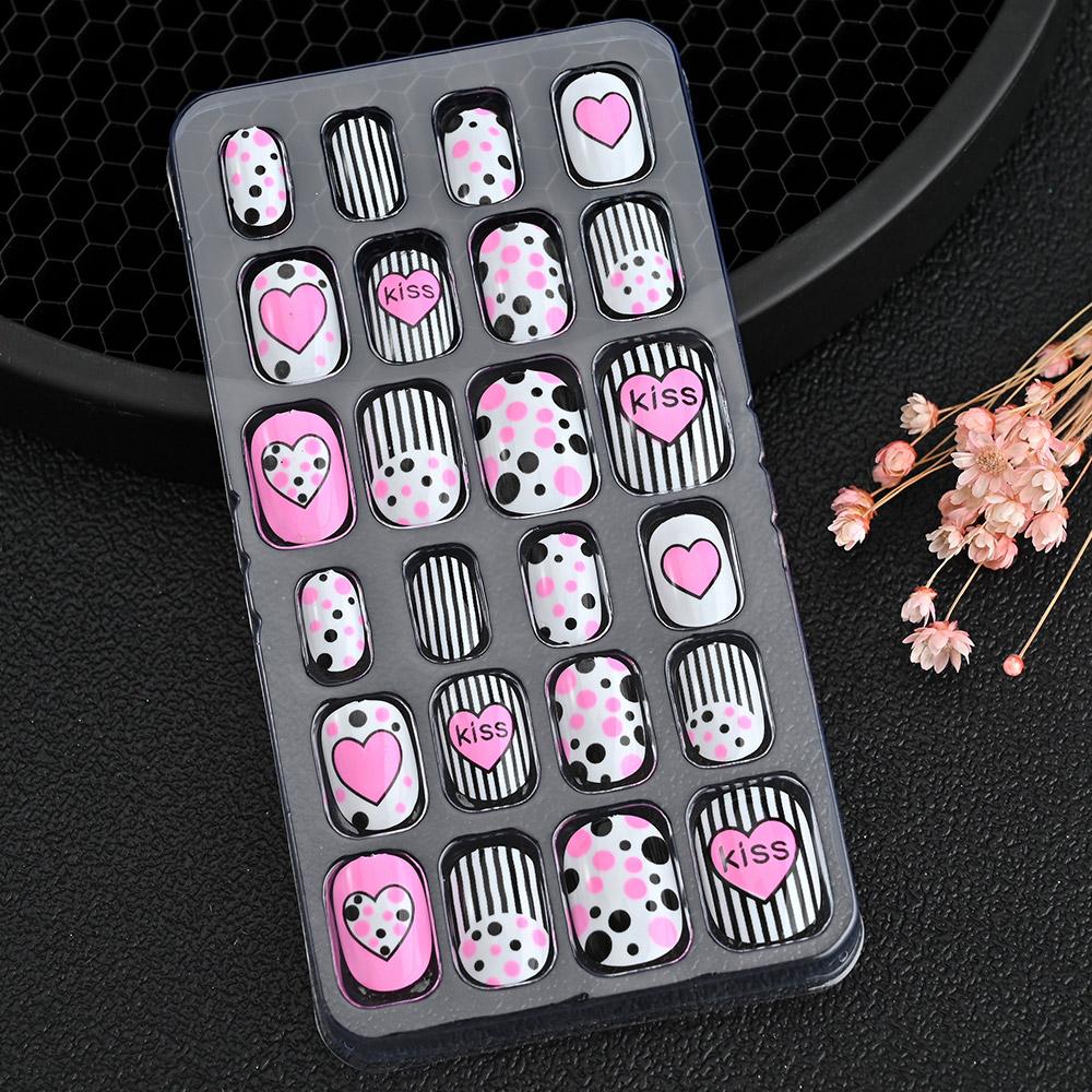 24pcs/box Candy Kids False Nail Cartoon Full Cover Press On Fake Nails Tips Kawaii Acrylic Artificial Fingernails for Girls
